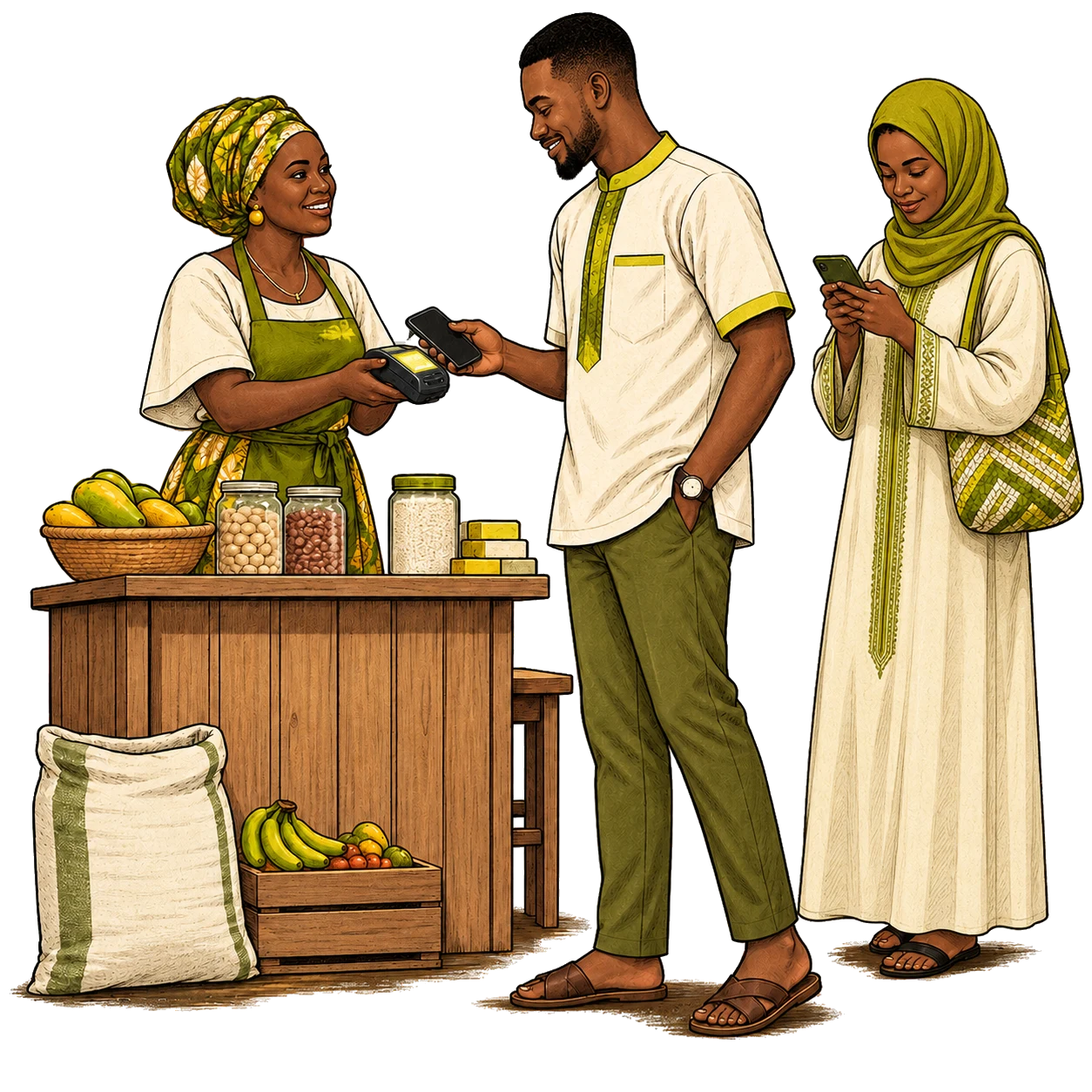 Illustration d’une commerçante et de ses clients utilisant le paiement mobile